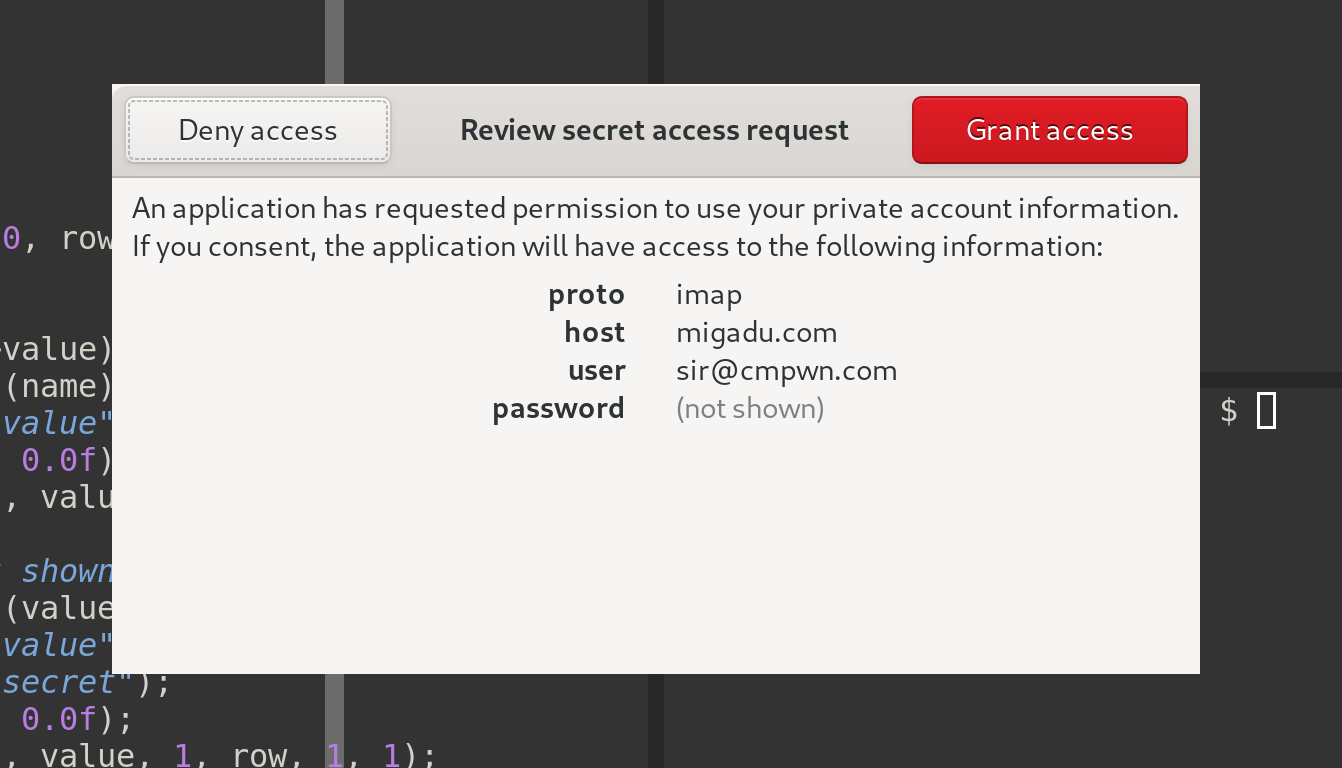 A GUI dialog asking a user to consent to allow an application to access their IMAP credentials