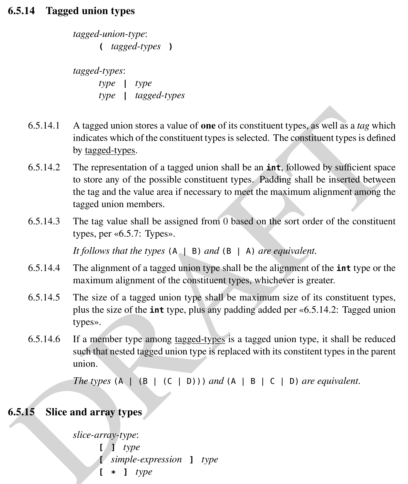 A screenshot of a page of a programming language specification detailing the syntax of tagged unions