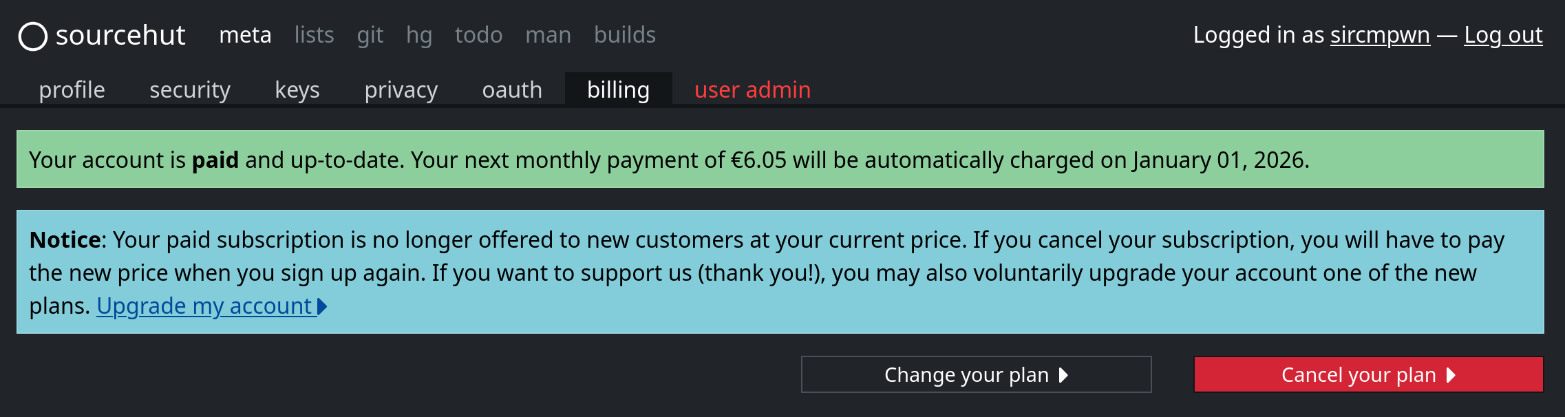 A screenshot of the prompt to upgrade your account