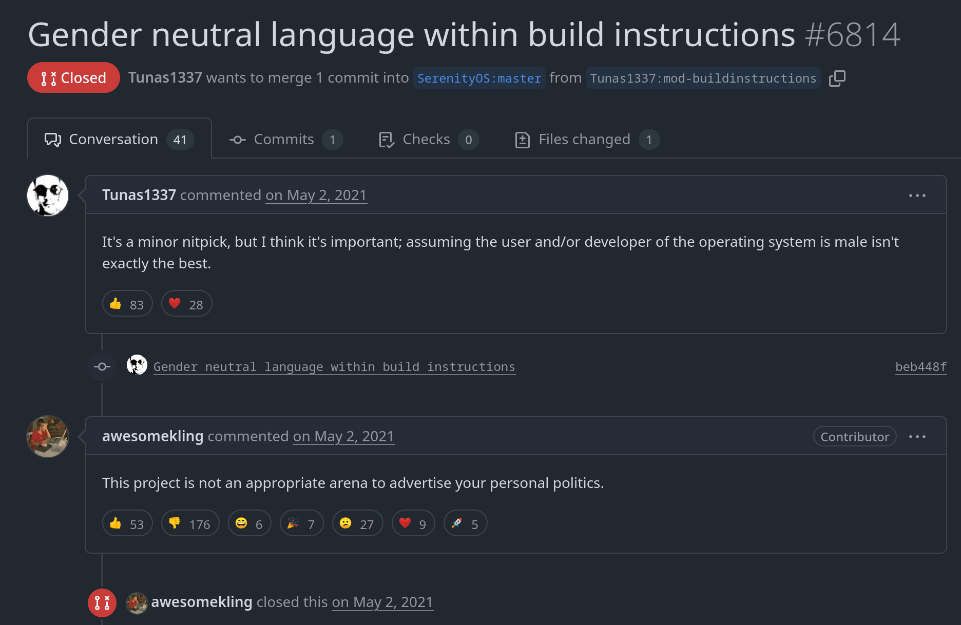 Screenshot of the interaction on GitHub. Kling responds “This project is not an appropriate arena to advertise your personal politics.”