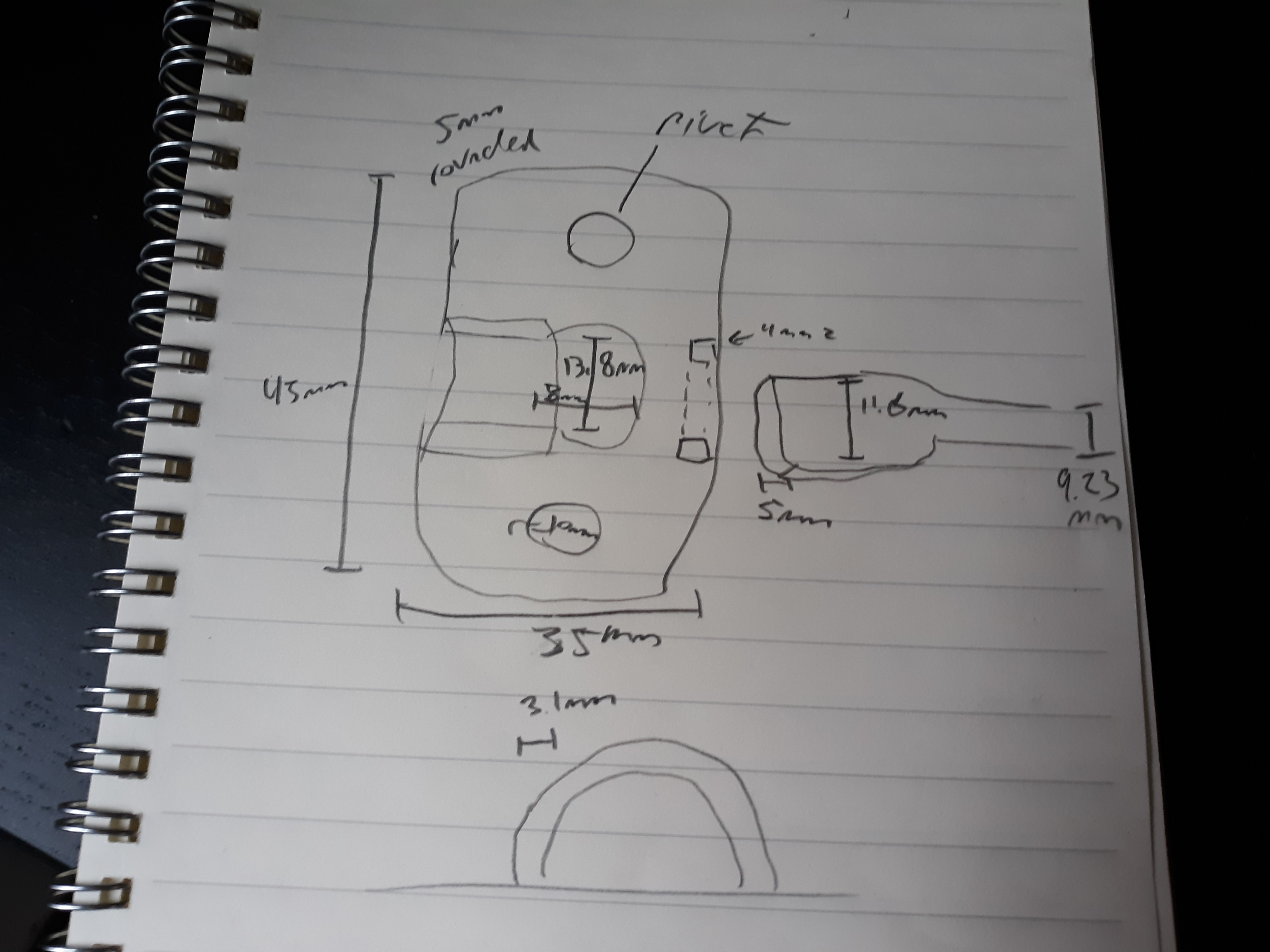 Picture of my notes on the measurements of the part